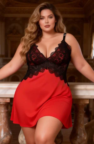 YesX YX736Q Plus Size Red Satin & Black Lace Chemise Nightdress